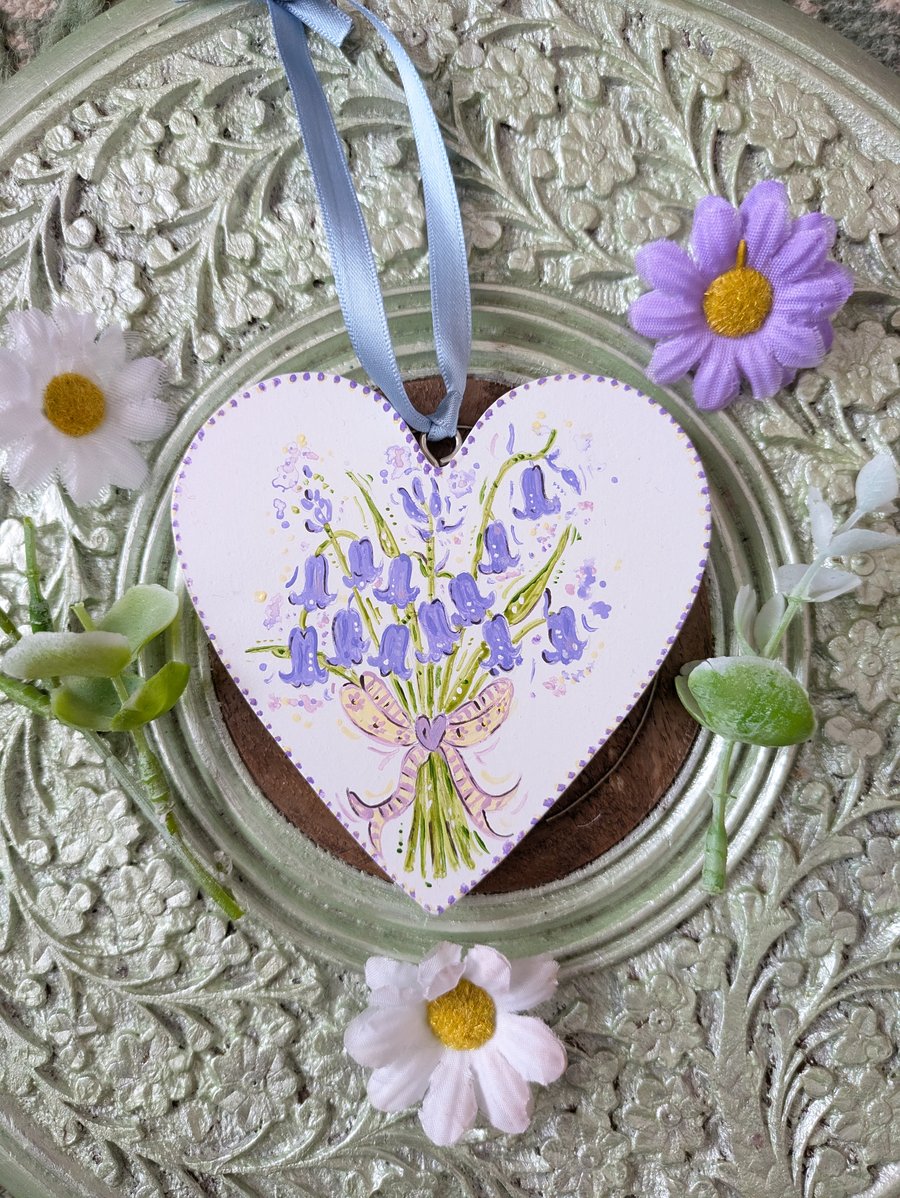 Bluebell Bouquet hand-painted wooden heart decoration 