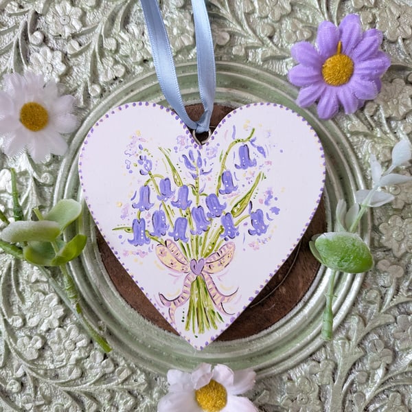Bluebell Bouquet hand-painted wooden heart decoration 