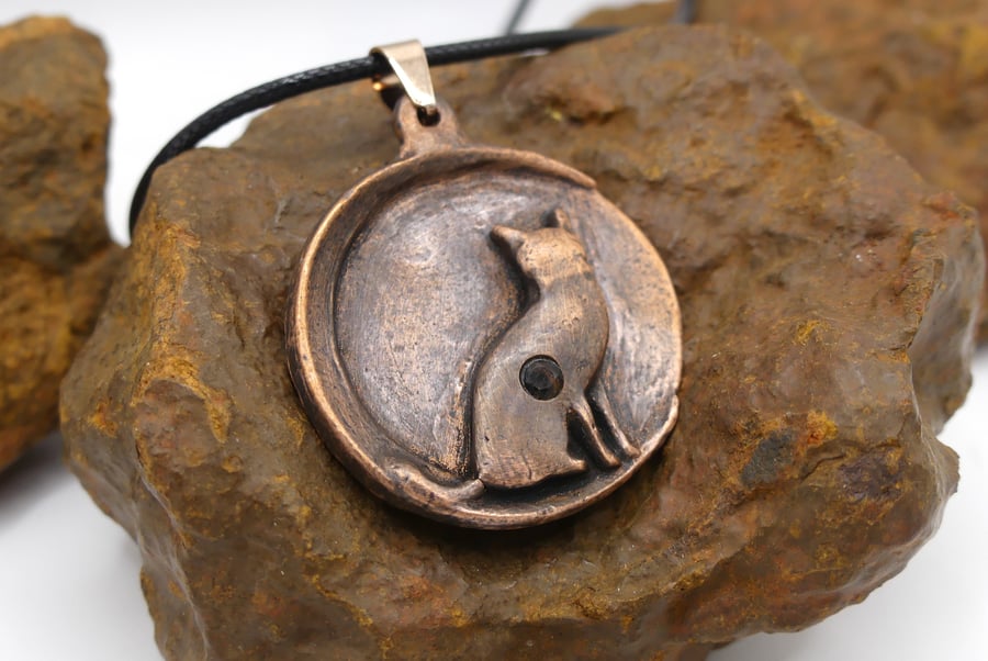 Copper Cat Sitting On A Moon with Citrine Gemstone Pendant Necklace