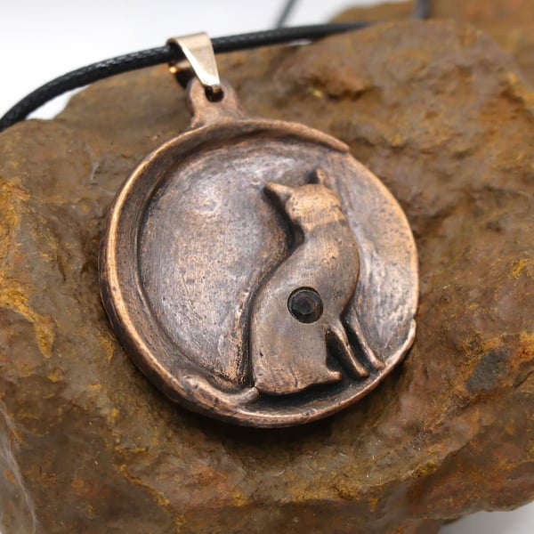 Copper Cat Sitting On A Moon with Citrine Gemstone Pendant Necklace