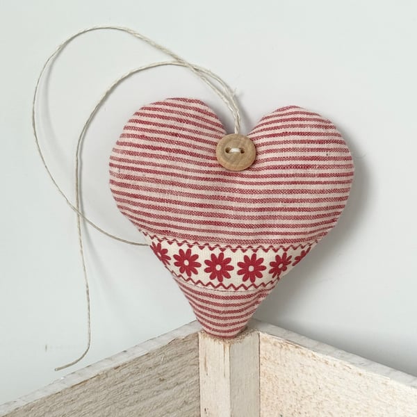 HEART DECORATION - soft red stripes, red floral ribbon
