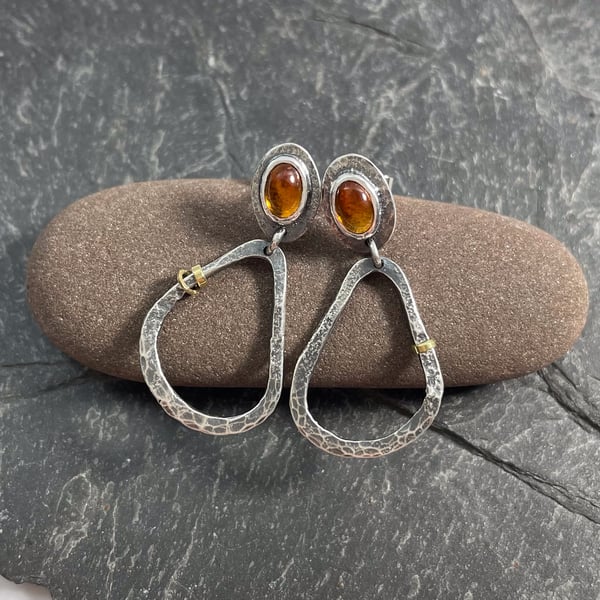 Citrine, oxidised silver and 18ct gold stud earrings with dangle