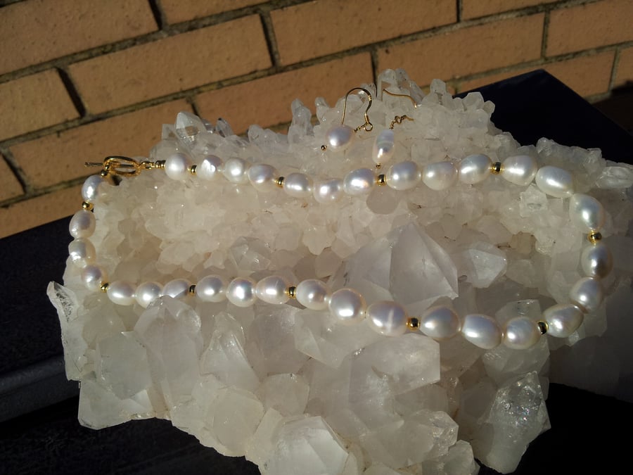 White Baroque Cultured Pearl Necklace and Earring Set