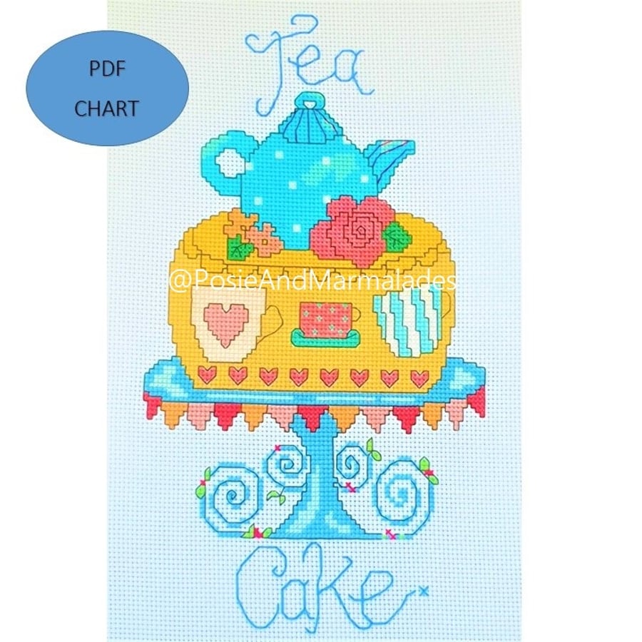 Image of Afternoon Tea and Cake Teapot Cross Stitch Digital Download PDF chart
