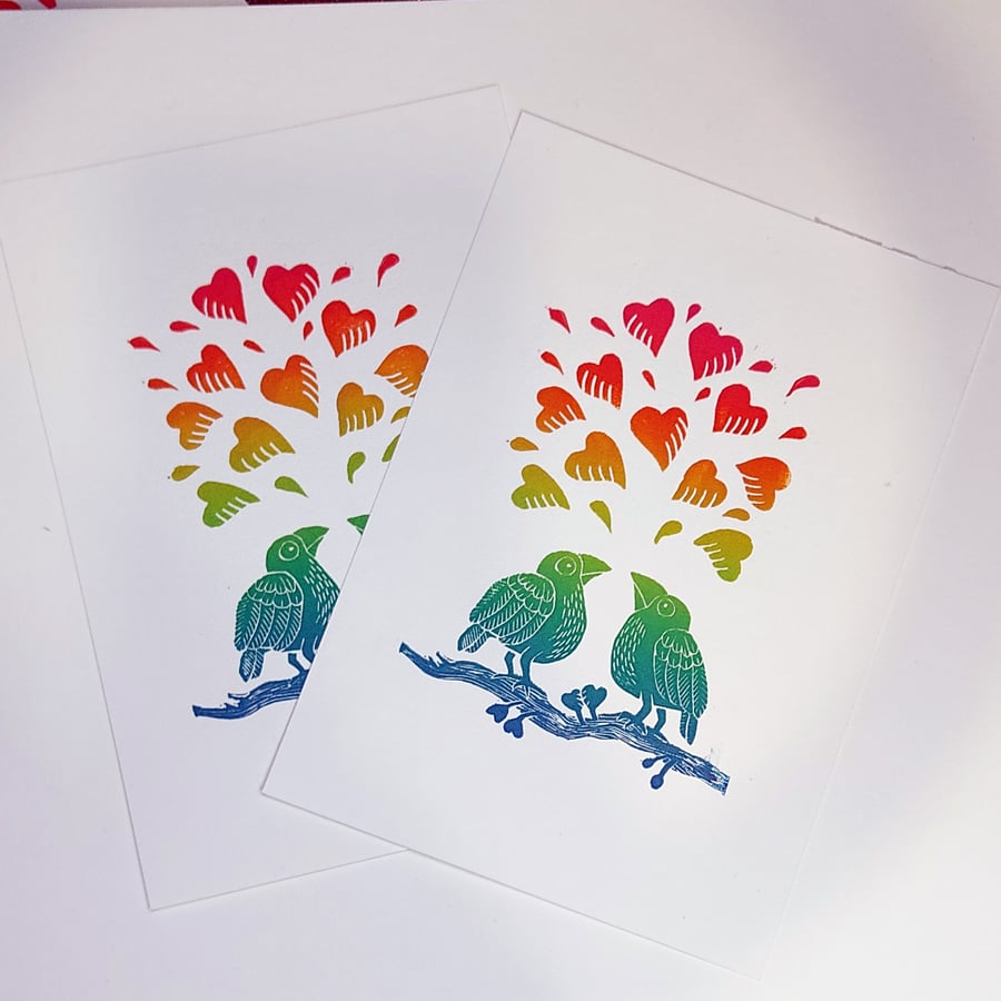 Rainbow love birds lino cut print , hearts and birds