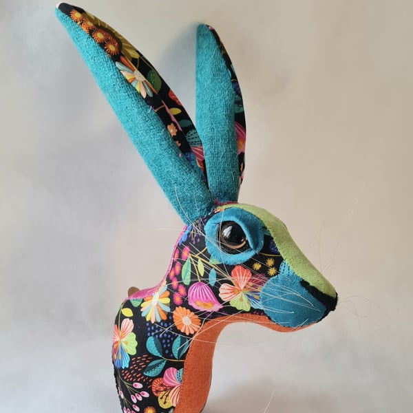 Faux hare head wall mount in colourful floral fabric -Hellebore Blackthorn