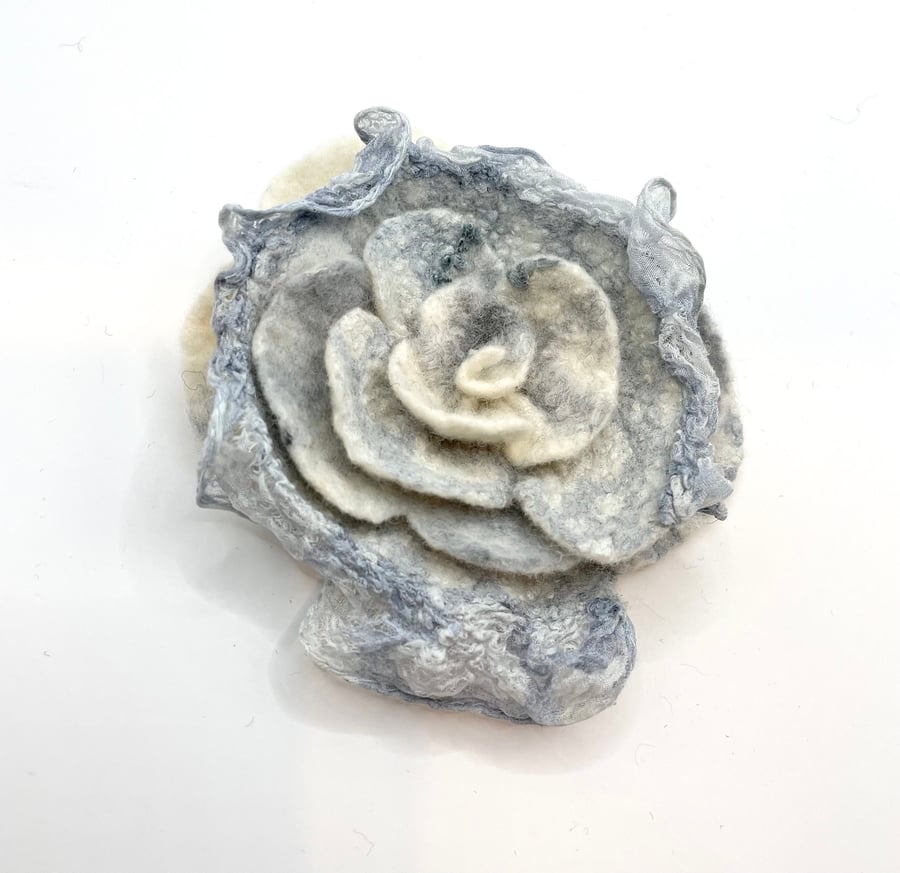 Grey Rose Brooch Felt Flower Handmade Item Handcrafted Jewelry Contemporary Unus