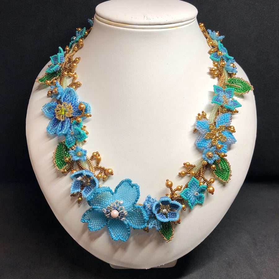 Floral Cascade Wrath Necklace, handmade seed beads and crystal