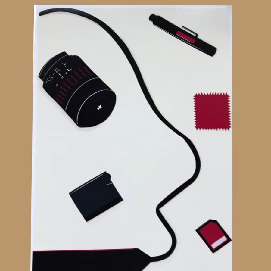 'Camera Kit' A4  Print, cream, red, black Unframed