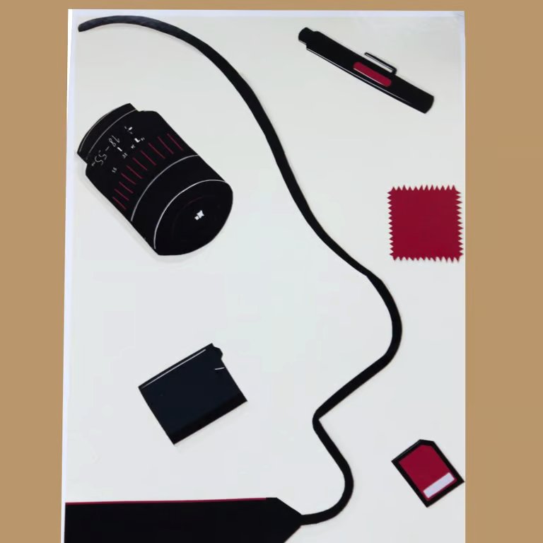 'Camera Kit' A4  Print, cream, red, black Unframed