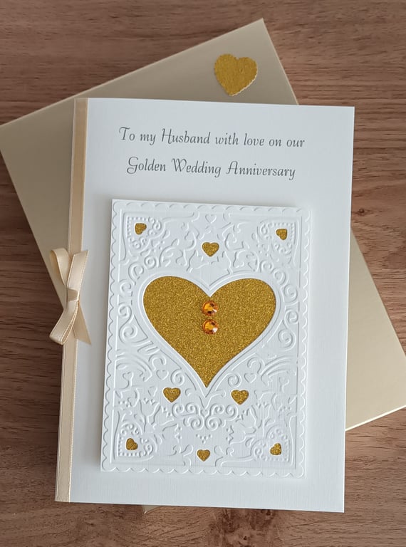 Boxed Golden Anniversary Card, Husband, Wife, Partner. Sparkling Heart, Gems  A5