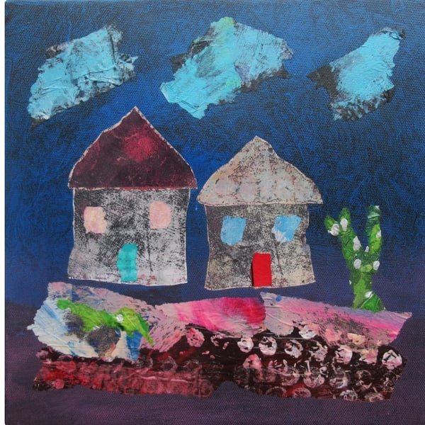 Abstract Cottage Painting Mixed Media Collage Naive Primitive Architecture Art