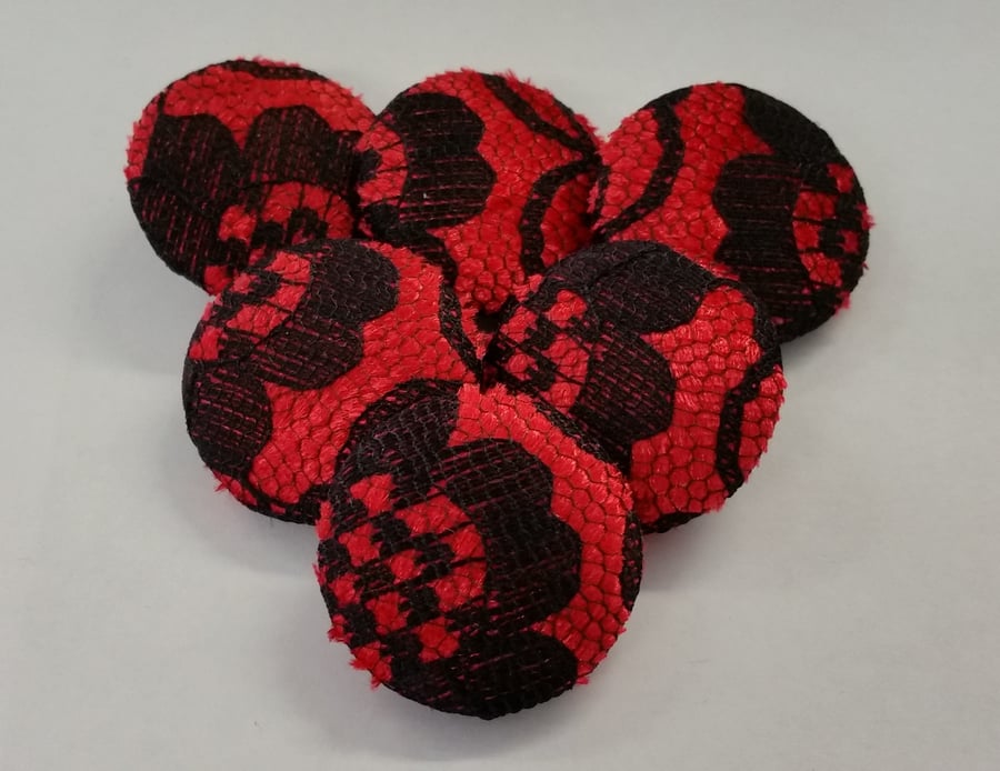 25mm Large Red Velvet with Black Lace Overlay Fabric Covered Loop Back Buttons