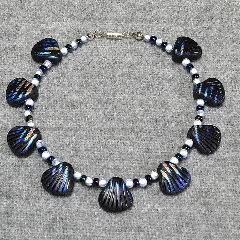 Iridescent Black Glass Shell, Miracle Bead, and Blue-Iris Seed Bead Anklet