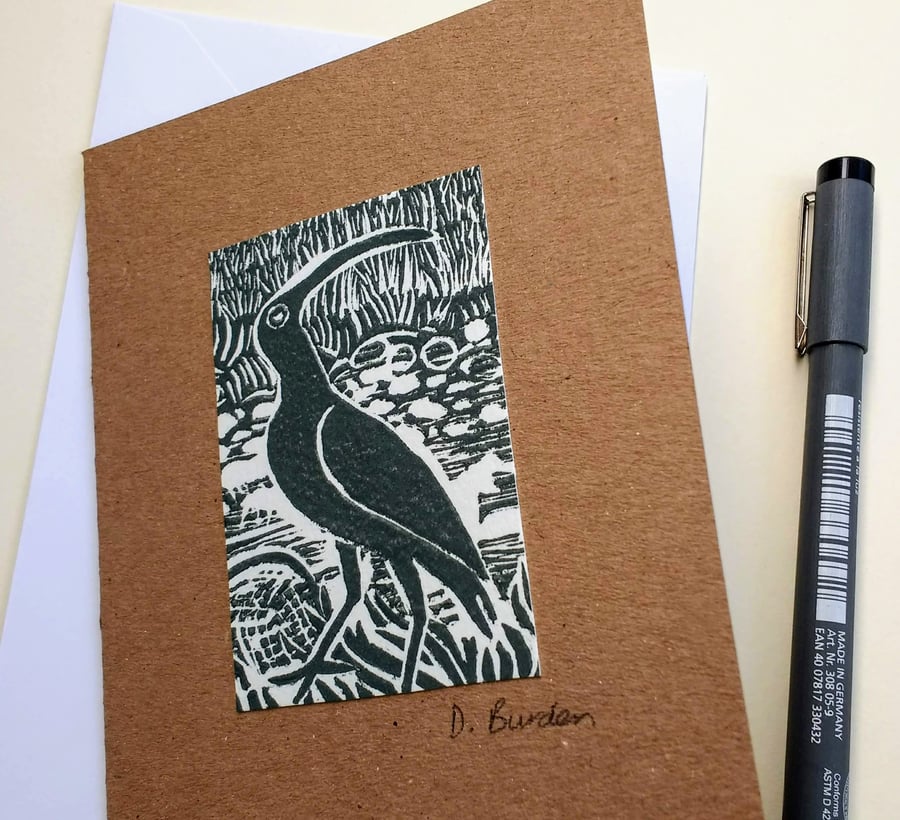 Handmade, hand-printed linoprint card of curlew bird