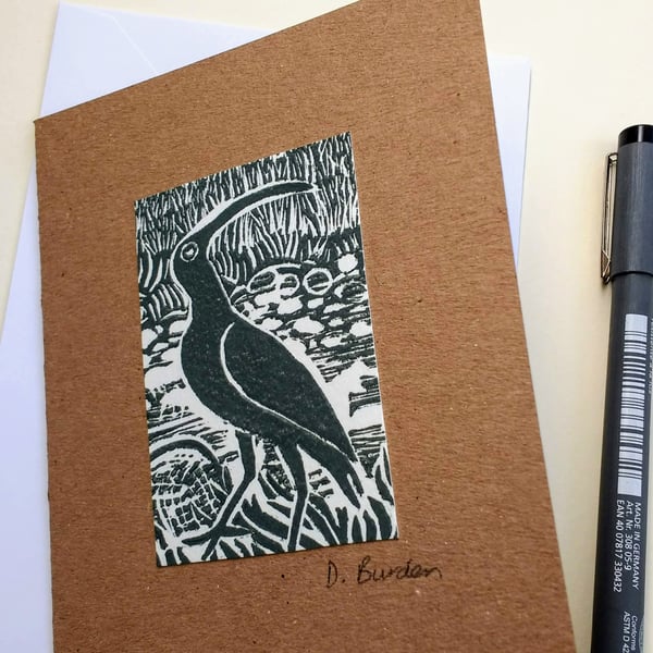 Handmade, hand-printed linoprint card of curlew bird