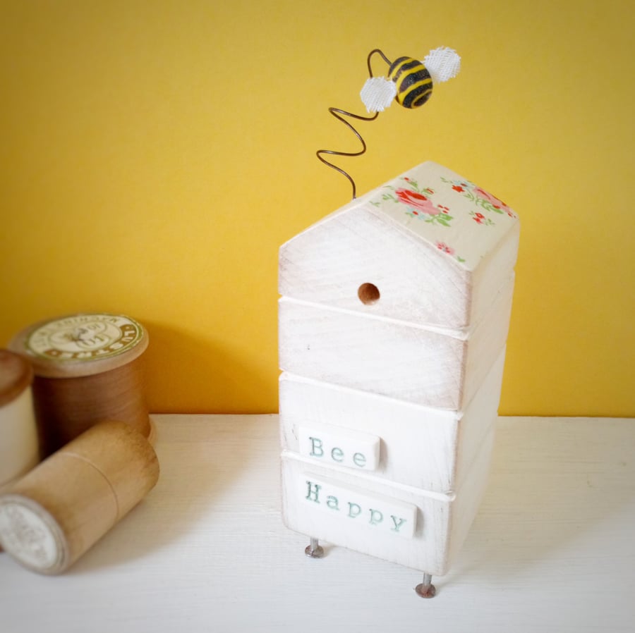 Wooden Beehive With Little Clay Bee 'Bee Happy'