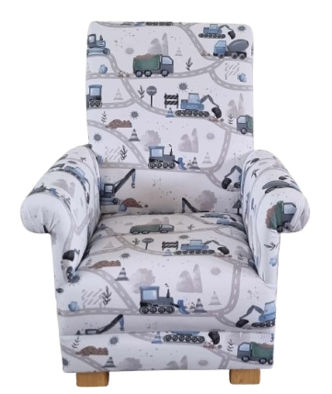 Boys Trucks Vans Fabric Chair Armchair Kids Builders Construction Diggers Blue