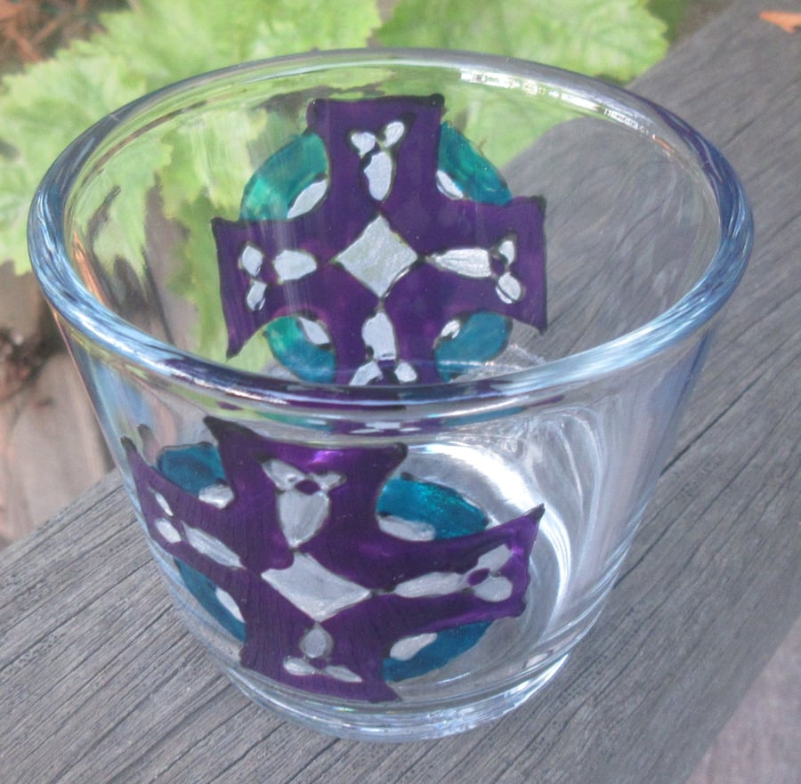 Votive - tealight holder with hand painted Celtic Cross in White, Mauve and Blue