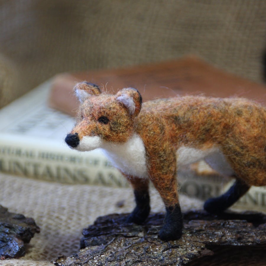 Standing fox - needle felted fox sculpture on a bark base