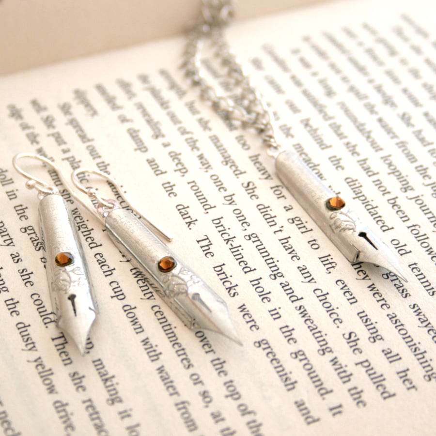 Topaz Jewelry Set Pen Nib Necklace and Earrings, November Birthstone Jewellery, 