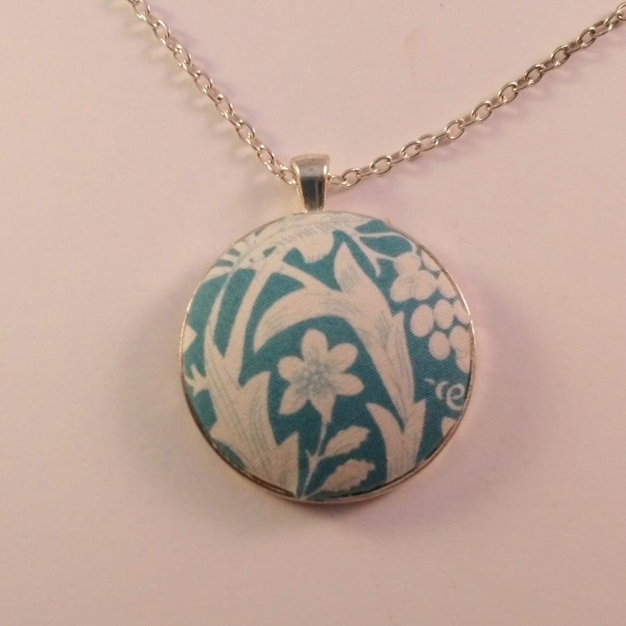 38mm White and Teal Floral Fabric Covered Button Pendant
