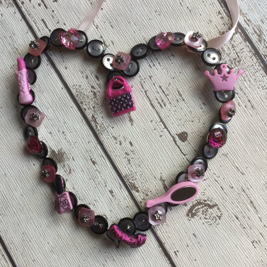 Pink & Black Wire Button Hanging Heart Decoration