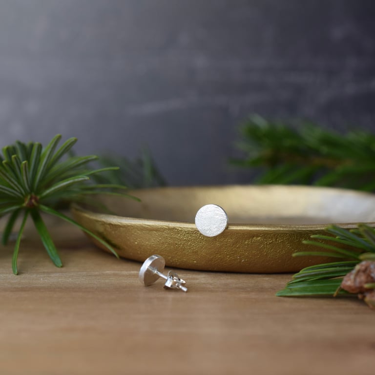 Recycled Silver Stud Earrings - Minimalist Small Hammered Dot Earrings 