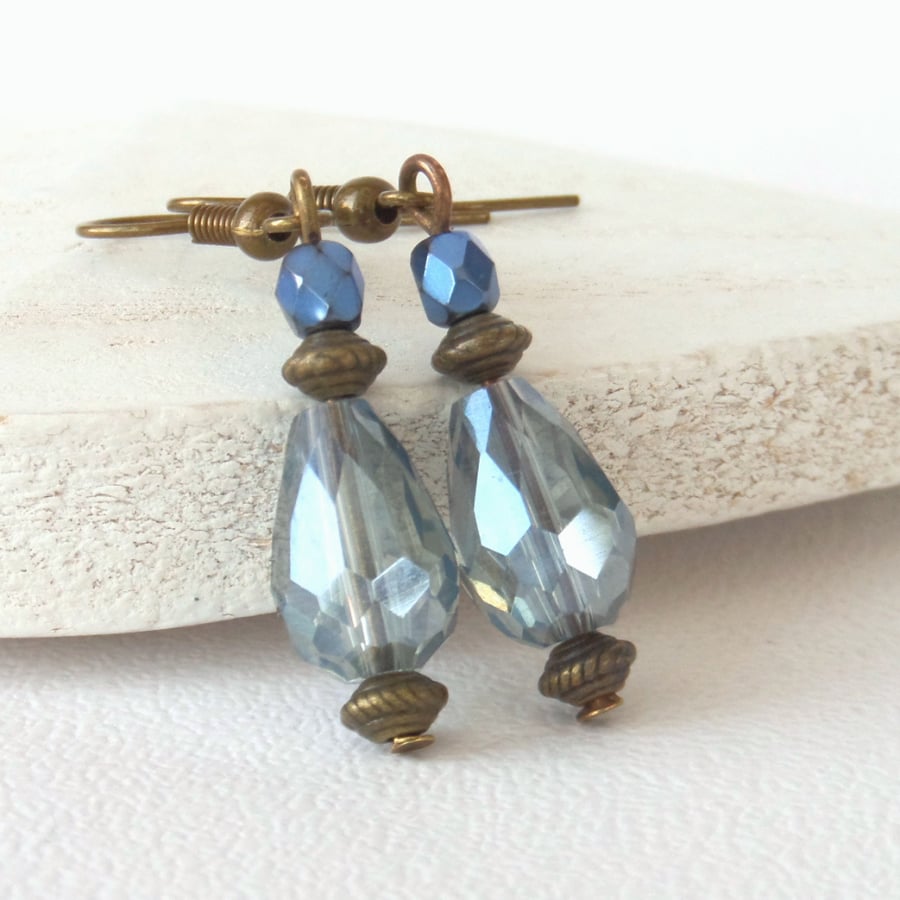 Blue crystal and bronze handmade earrings, vintage inspired