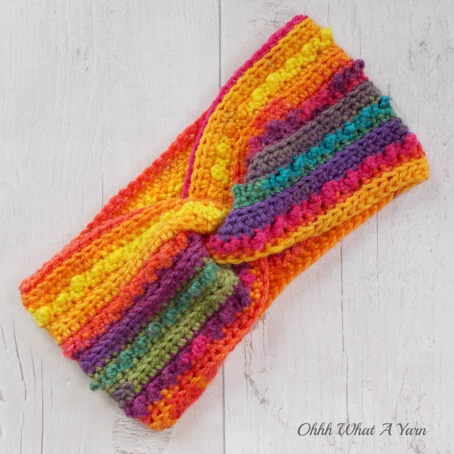 Crochet headband, ear warmer. Rainbow twist ear warmer. Rainbow headband.
