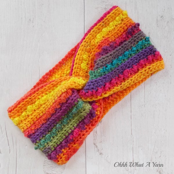 Crochet headband, ear warmer. Rainbow twist ear warmer. Rainbow headband.