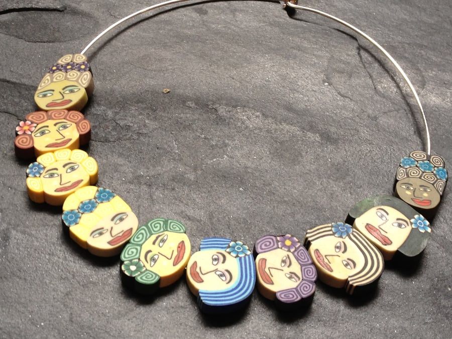 NEW Lovely Ladies Faces Polymer Clay and Silver Plated Choker