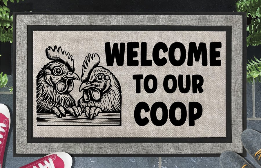 Welcome To Our Coop Door Mat No.1 - Rooster All Weather Doormat - 45x70cm 
