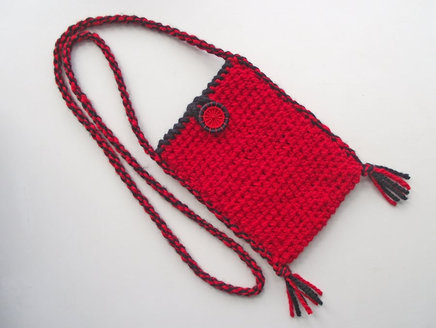 Crossbody Boho Festival Bag, Purse, Red & Black, Handspun Crocheted, Merino 