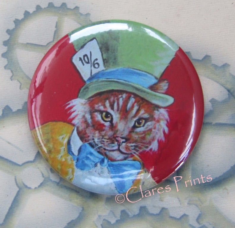 Mad Hatter Cat Art Badge 58mm Button Animal Badges Cats 
