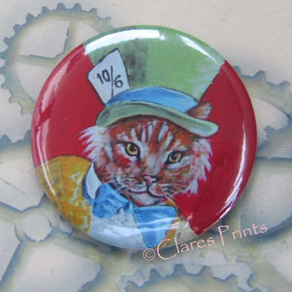 Mad Hatter Cat Art Badge 58mm Button Animal Badges Cats 