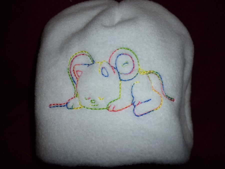 Hand made sewn baby hat in soft fleece fabric -white with sleeping kitten image
