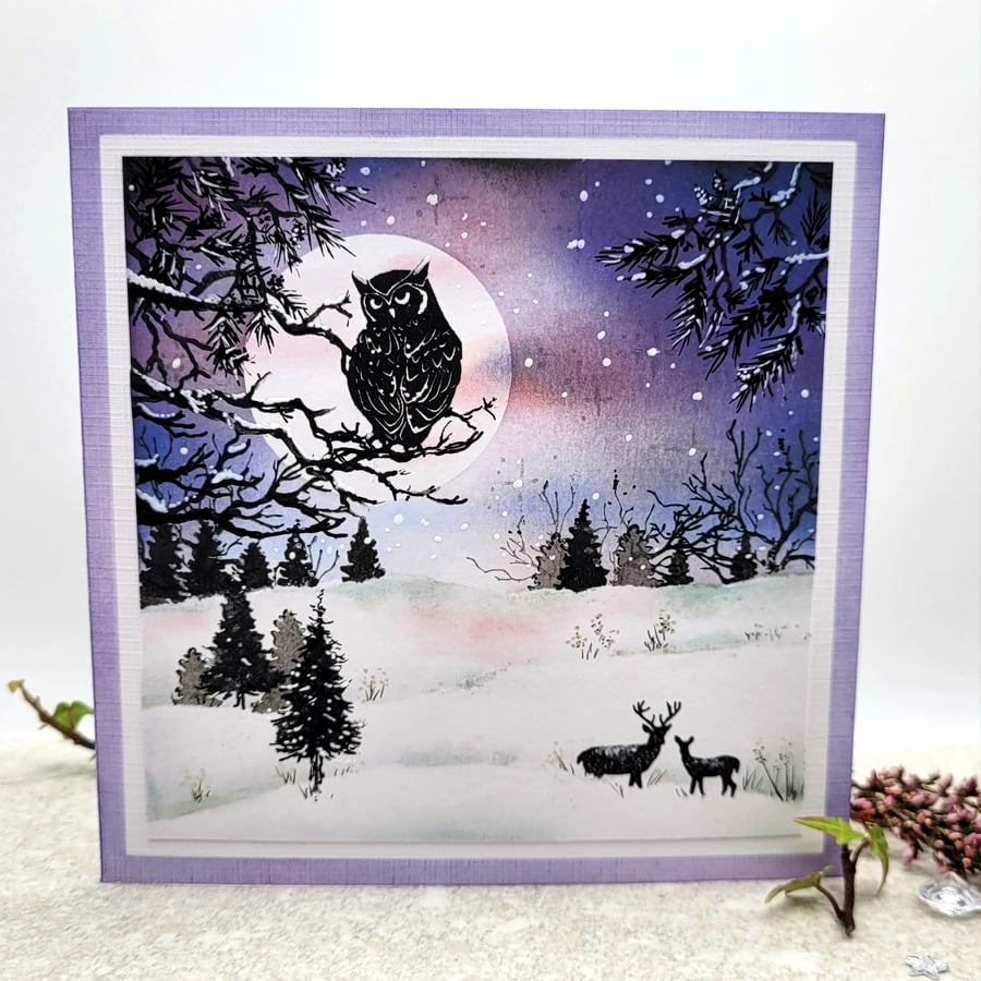 Owl Card - Christmas Card, Birthday Card, Blank, Deer, Tree, Winter, handmade 