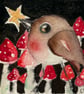 ACEO Original Little Bird Robin with Star and Mushrooms Watercolour  - Image 2