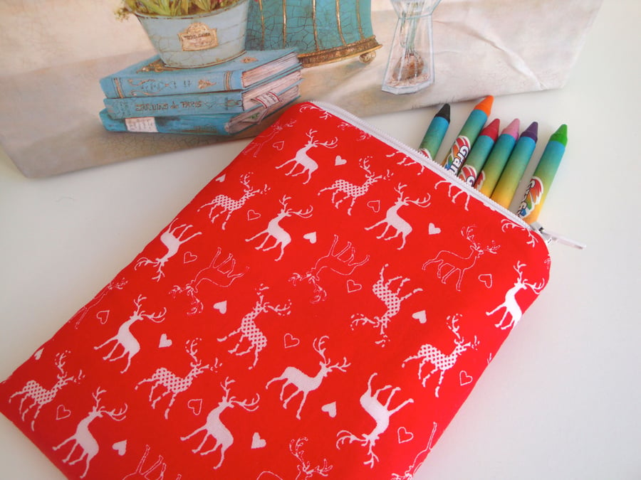 SALE Cotton  Crayons case - Pencil case - Christmas - Reindeer