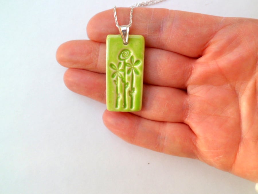  Lime Green ceramic pendant necklace - sterling silver