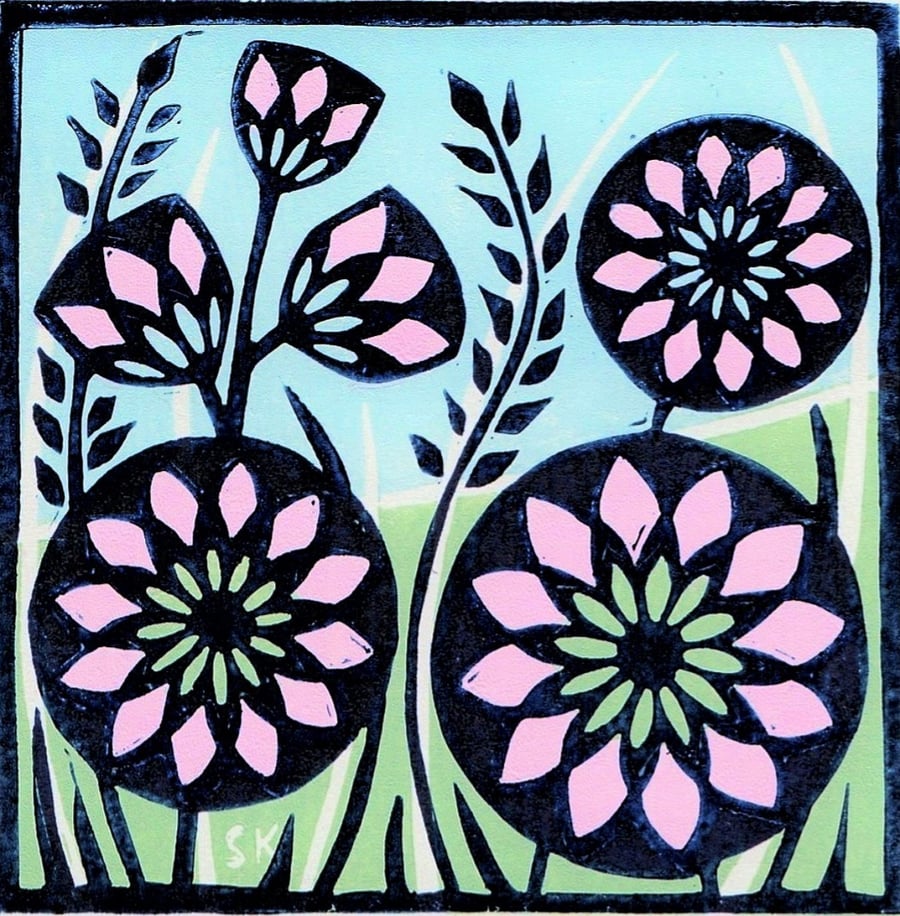 Pink Flowers in the Grass Linocut