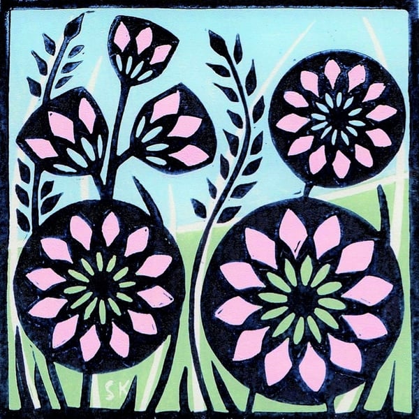 Pink Flowers in the Grass Linocut