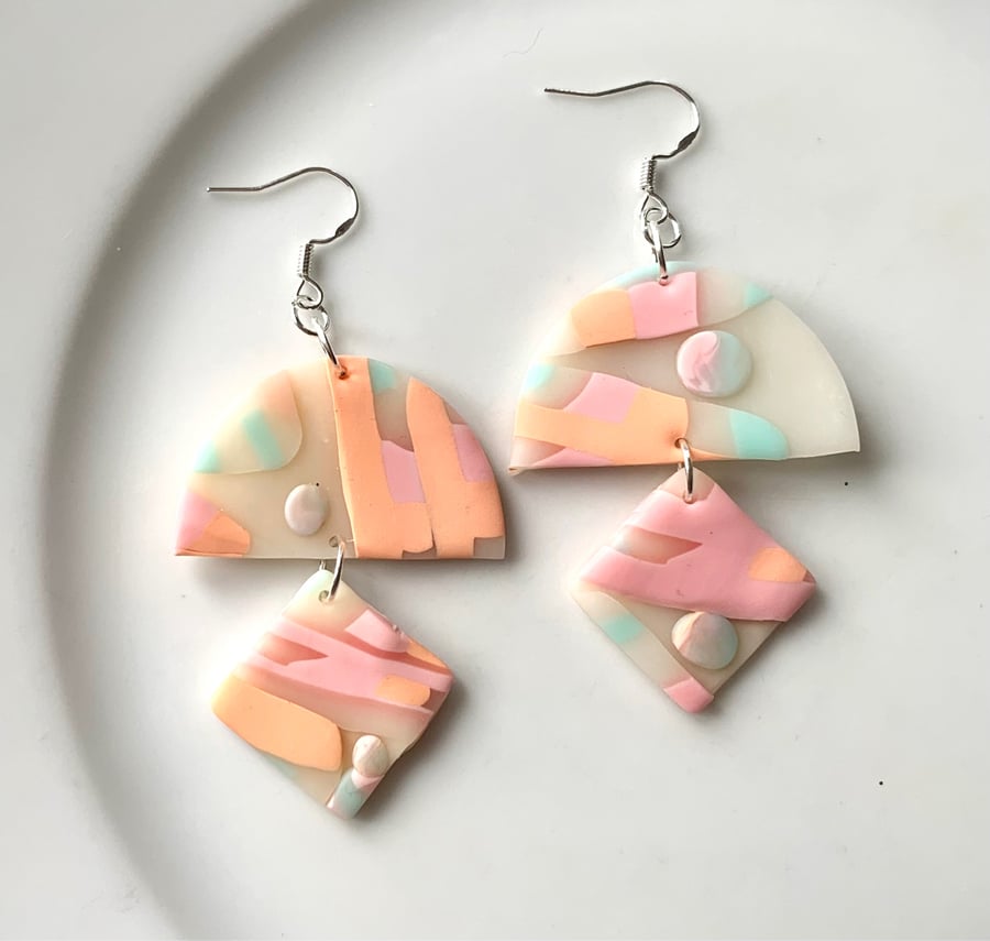 Funky pastel pink peach green polymer clay lightweight dangle earrings 
