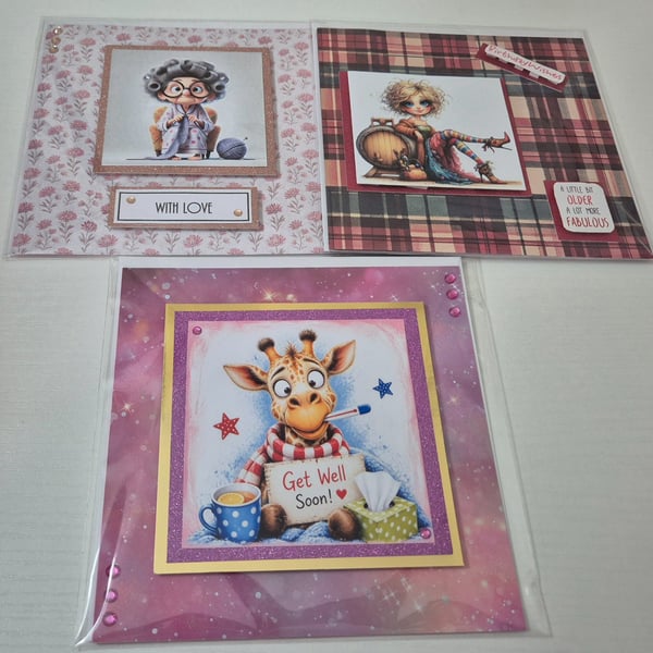 Handmade Card Bundle - Set of 3 mixed Greeting Cards