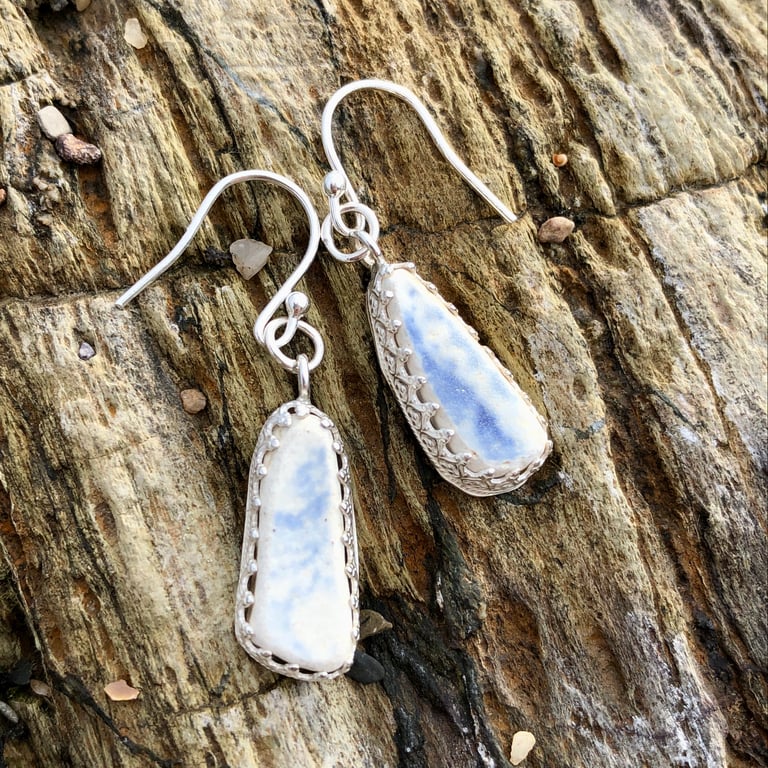 Unique Sea Pottery and Sterling Silver Drop Earrings - 1187