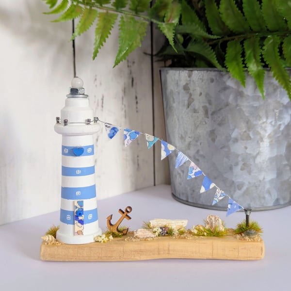 Tiny Wooden Lighthouse Scene, Nautical Home Decor