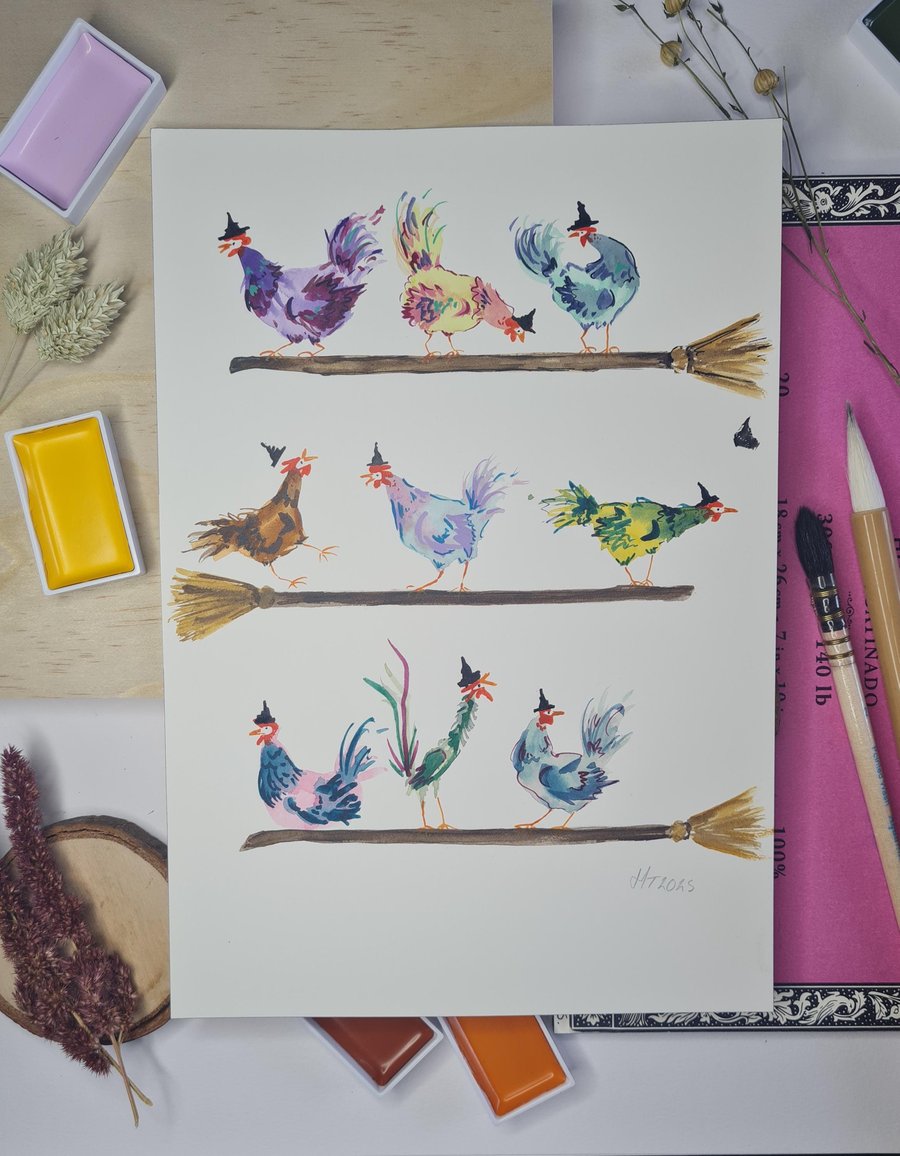 Halloween Witch Chickens Watercolor Painting: Spooky Whimsical Art
