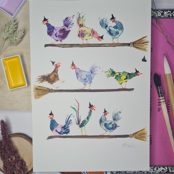 Halloween Witch Chickens Watercolor Painting: Spooky Whimsical Art