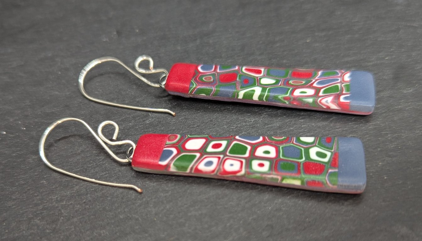 Red and green patterned drop earrings